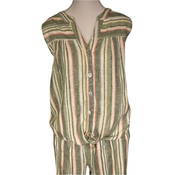 Ruby Rd Linen Blend Striped Cropped Pant Shirt Set Size Medium Petite Green - Picture 2 of 8